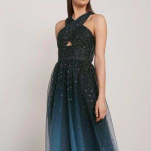 Marchesa Notte Cutout Glittered Degrade Tulle Gown Navy